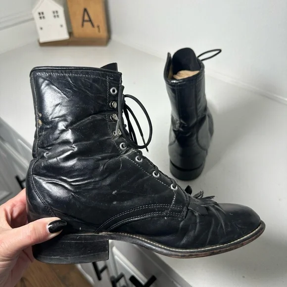 Laredo Kiltie Lace-Up Ankle Boots Womens 7M Black Leather Western Vintage Roper - Picture 6 of 8